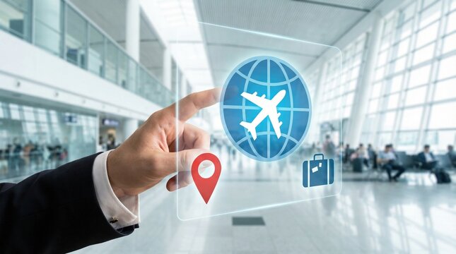 Digital global business online travel planning vacation booking concept with hand pointing at virtual screen in airport terminal