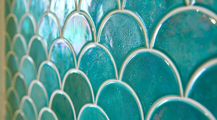 Obraz premium Turquoisely colored fish-scale mosaic tiles craft a breathtaking accent wall for the bathroom