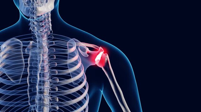 Shoulder Joint Pain Concept. Inflammation in Shoulder Front View. Articular Pain, Radiology Diagnosis, Rheumatism. Sore Spot in Shoulder is Highlighted In Red against Blue Background. 4K 3D Video