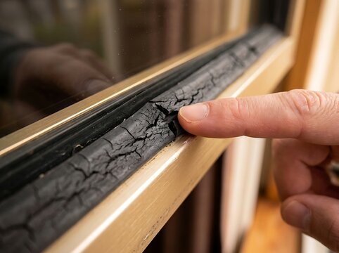 Damaged rubber weather stripping seal on window frame being touched by finger showing aged material cracking which needs repair for improved home energy efficiency.
