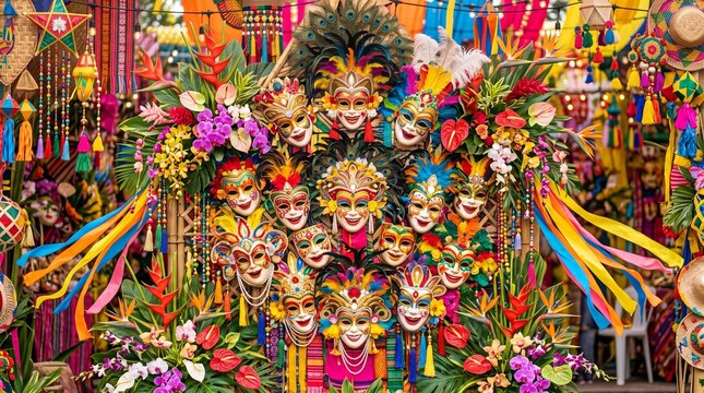 MassKara Festival Carnival Decoration with Colorful Masks, Feathers and Filipino Ornaments