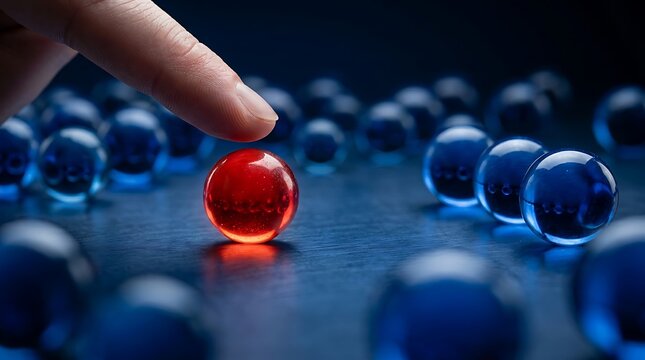 One red marble standing out among many blue spheres being touched by a finger to represent leadership and uniqueness in business strategy or creative thinking concepts.