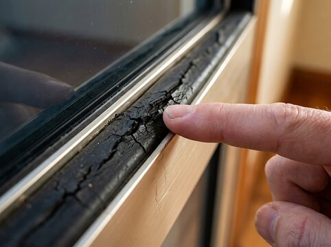 Damaged rubber weather stripping seal on window frame being touched by finger showing aged material cracking which needs repair for improved home energy efficiency.