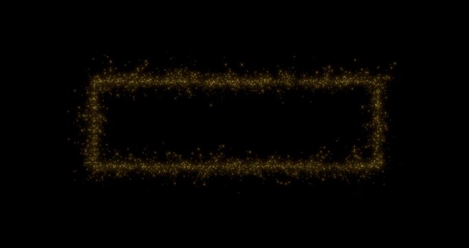 Glittering gold particle flying from rectangle in black background. Sparkling light streaks glow dust effect. 4K 3D rendering loop animation.