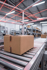 Fototapeta premium Cardboard Box on Roller Conveyor Under Red Laser Scanning Grid in Smart Warehouse