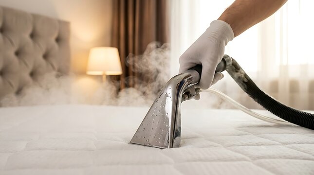Professional cleaner uses steam cleaner for deep mattress cleaning in hotel bedroom showing hygiene and sanitation for comfortable sleep.