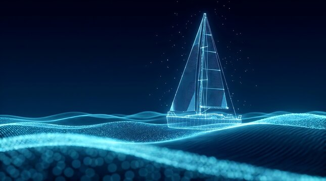Holographic wireframe sailboat digital creation sailing on wavy particle sea at night, symbolizing navigation and digital innovation in technology.