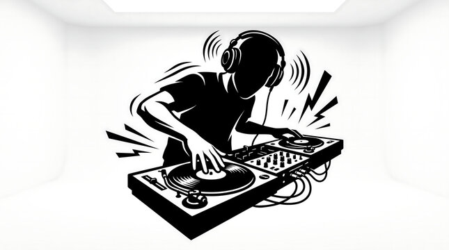 DJ playing music on turntables vector illustration