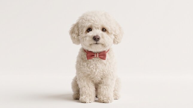 White Poodle Dog Wearing Red Bow Tie on White Background. Pet Fashion, Studio Portrait, Cute Animal, Fluffy Dog