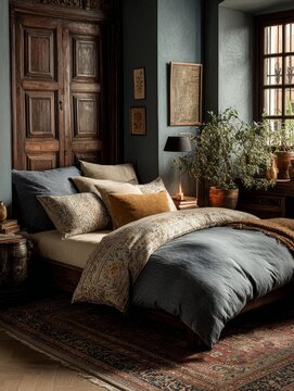 Madras-style bedding set arranged in a superb flat, colorful plaid patterns on bed, cozy home interior, soft light, stylish bedroom decor, inviting atmosphere, high detail textile texture