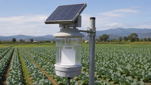 Solar-Powered Crop Insect Monitoring Trap Above Healthy Vegetable Field