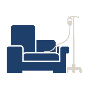 Blue armchair with IV drip stand and medical equipment for patient care and recovery