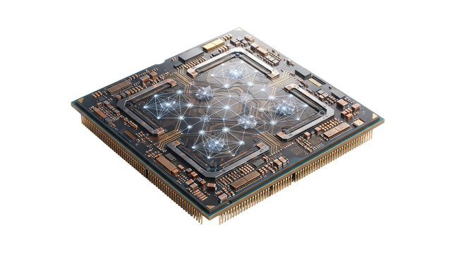 Quantum computer processor with glowing neural network, futuristic microchip hardware on white background, advanced AI semiconductor technology