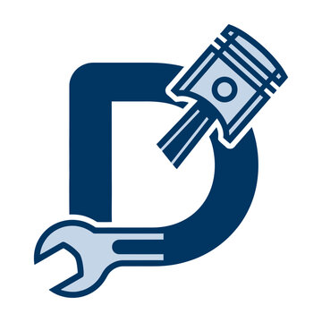 Blue Piston and Wrench Engine Repair Logo