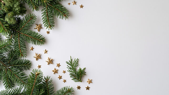 Evergreen Christmas Branches and Gold Stars Framing White Copy Space