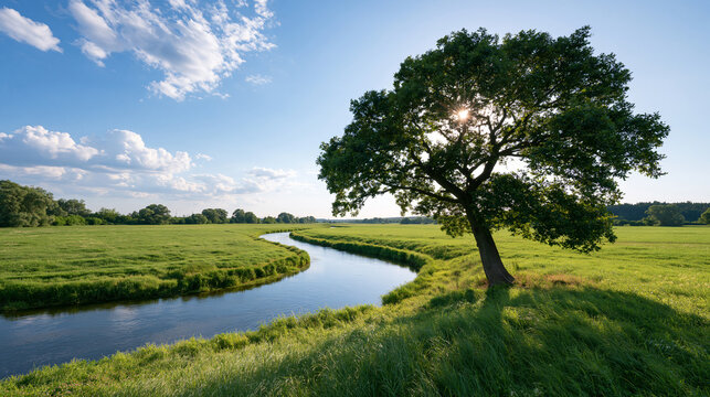 Peaceful Grassland with Single Tree and Reflective Water Channel