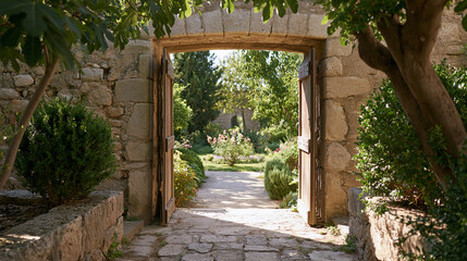 Naklejka premium Historic Masonry Doorway Framed by Trees and Flowering Shrubs