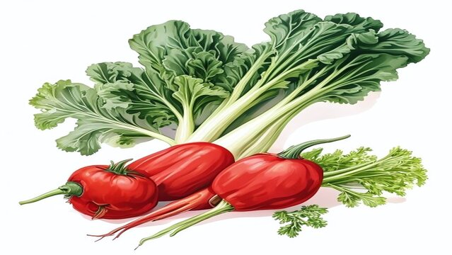 Fresh red radishes with green leafy tops.