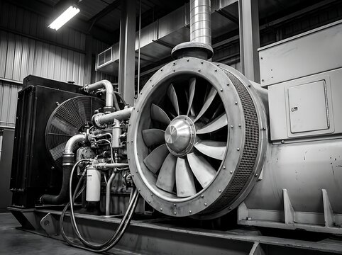 Large industrial fan turbine generator engine for power generation with complex piping and cooling system in factory setting.