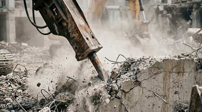 Hydraulic breaker excavator breaking concrete structure at construction site, urban demolition concept