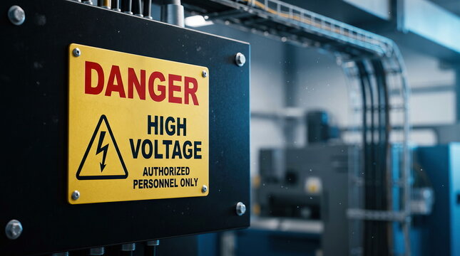High voltage warning sign on electrical panel in industrial setting, electrical safety concept.