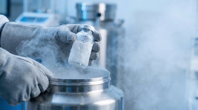 Cryogenic storage vial handled by gloved scientist within laboratory, biotechnology research and medical sample preservation concept.