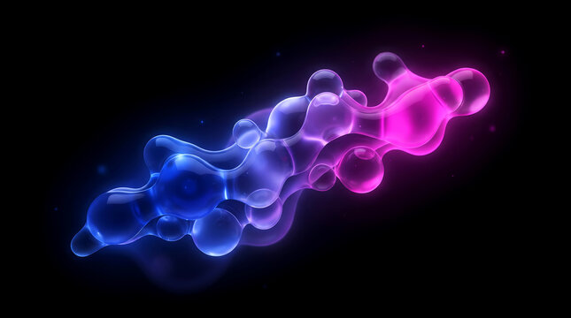 Abstract background featuring glowing blue and pink liquid spheres floating together in a dark space with soft light effects