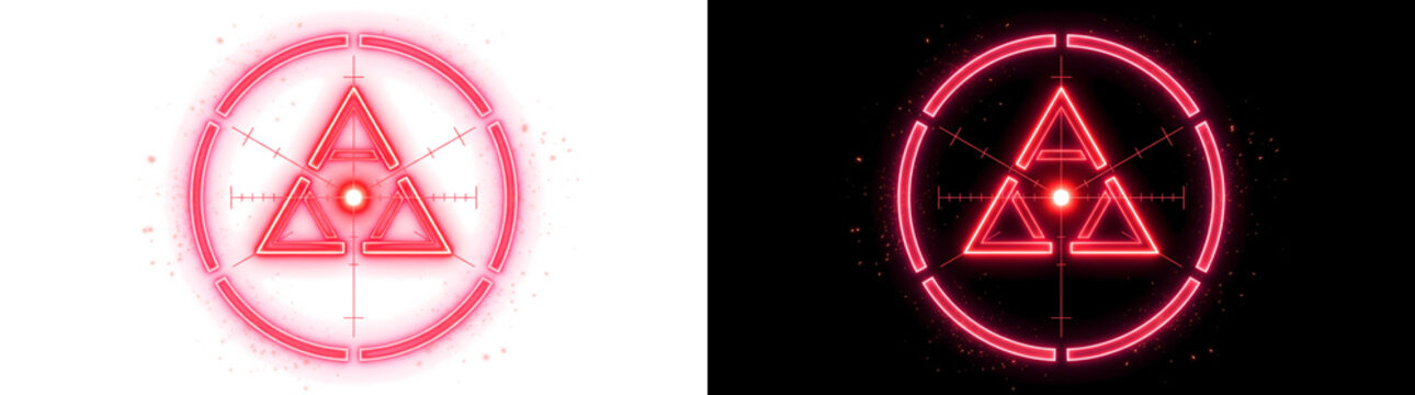 Tactical neon red laser sight reticle overlay with triple triangle lock geometry light effect overlay cutout