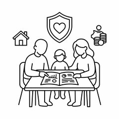 Fototapeta premium Family enjoying quality time together reading at home with security and modern comfort icons