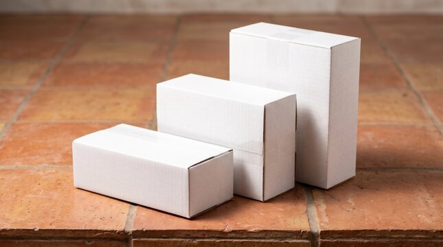 Three White Cardboard Boxes on Terracotta Tile Floor