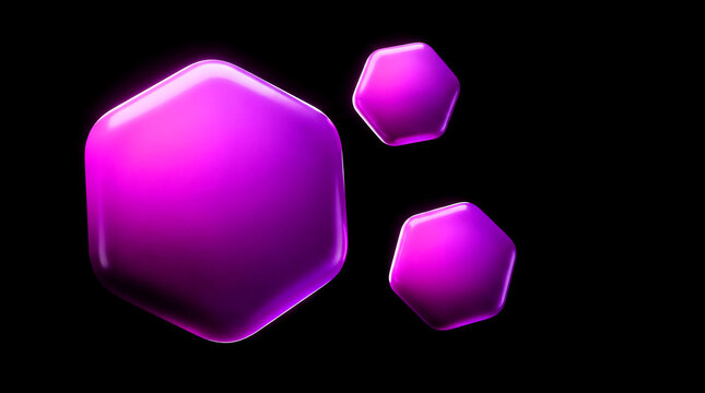 Abstract 3D rendering of floating purple glossy hexagonal shapes on a dark background