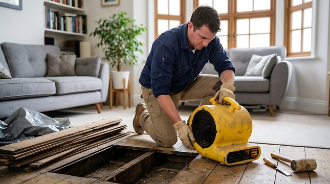 Professional worker repairing water damaged hardwood flooring with yellow industrial air blower dryer tool for home restoration project after indoor flood event.