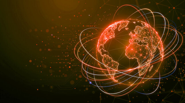 Digital communication network global map with orange light particles and data connectivity orbits