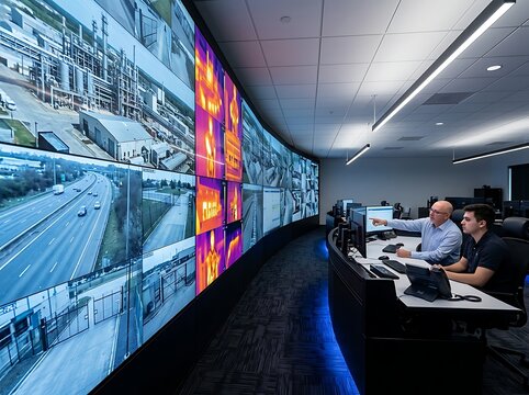 Control room with analysts observing massive curved screen displaying factory and highway surveillance feeds and thermal imaging.