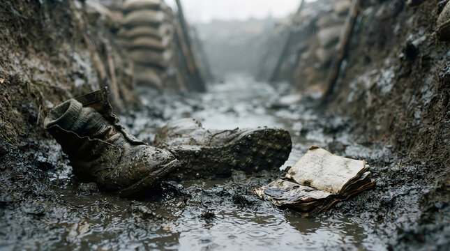 ​Abandoned Military Boots and a Muddy Diary Notebook in a World War Trench
