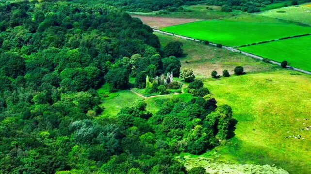 Old Auchans near Dundonald, Ayrshire, Scotland, ancient stone ruins surrounded by mature woodland and open countryside, cinematic aerial view