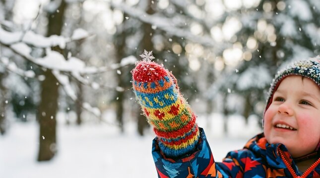 Child Showing Snowflake in Winter Snow