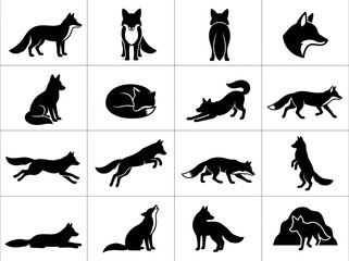 Fototapeta premium Fox silhouettes: various poses and actions of a wild fox