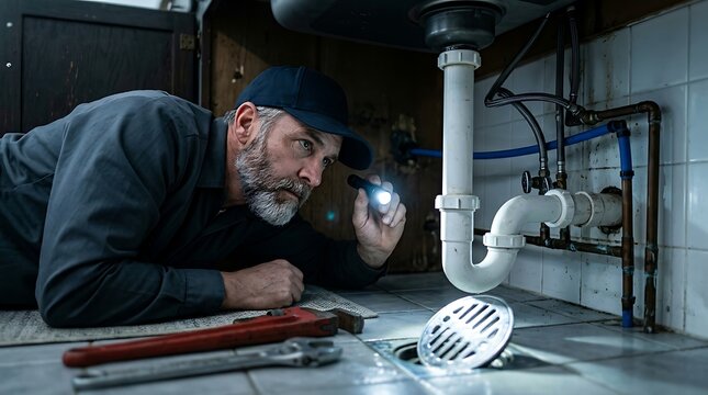 Plumber with flashlight inspecting plumbing pipes and drain under sink using tools for repair in residential bathroom.
