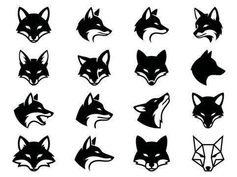 Fox head portrait and face icon set vector collection