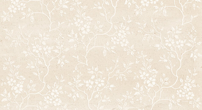 embossed white floral branch and vine pattern.