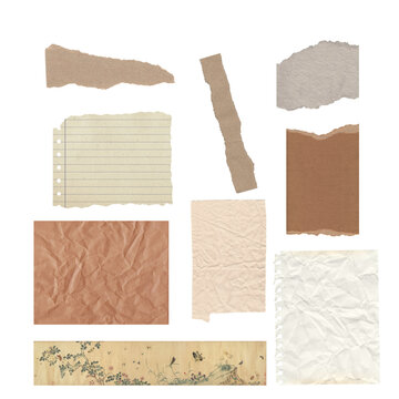 Set of vintage torn paper scraps and crumpled texture elements with isolated transparent background PNG design assets for artistic collage and scrapbooking projects.