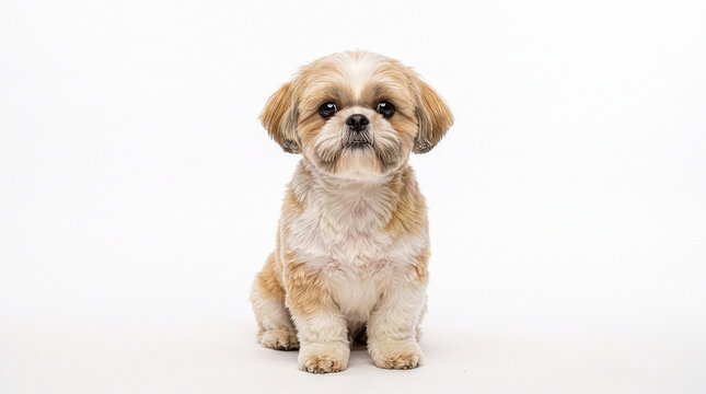Shih Tzu Puppy Sitting on White Background, Studio Portrait with Fluffy Fur