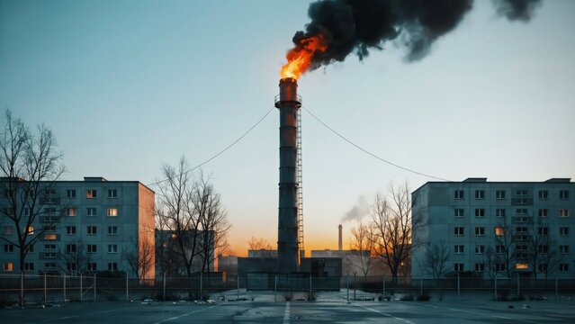 Industrial smokestack emitting fire and black smoke between residential buildings
