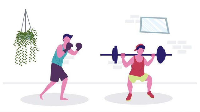 Two men training in a gym, one practicing boxing with hand wraps while the other lifts heavy barbells indoors, dynamic corporate motion graphic background for fitness, workout, and health concepts.