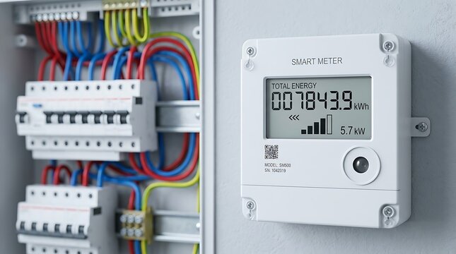 Modern smart energy meter displaying total electricity consumption connected to circuit breaker panel with colorful wires.