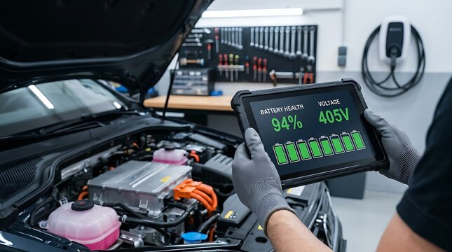 Mechanic inspects electric car battery health and voltage on a tablet displaying 94 percent charge and 405 volts.