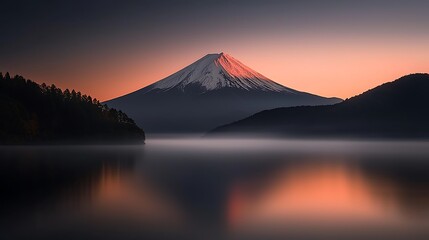 Fototapeta premium Mountain peak with snowy cap rises over misty lake at sunrise