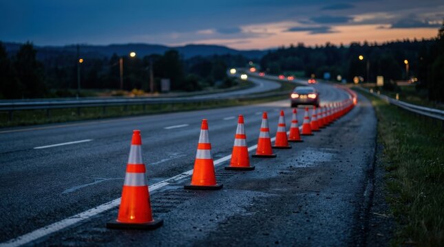 A row of orange traffic cones lining a wet asphalt highway at dusk, with a blurred car driving in the distance under a colorful evening sky
