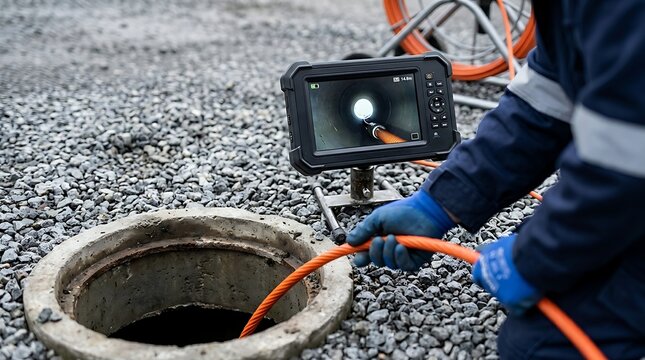 Pipe inspection camera system with orange cable monitors underground drain maintenance worker wearing blue gloves performs routine sewage system survey work.